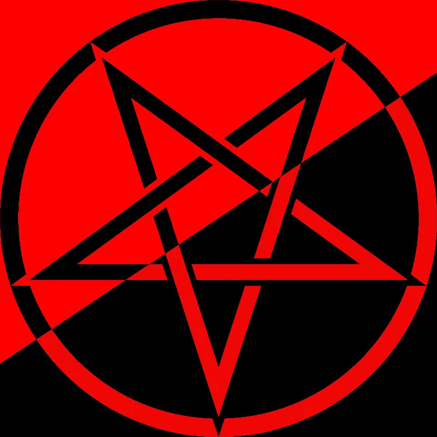 Inverted pentacle overtop a black and red Anarchist flag
